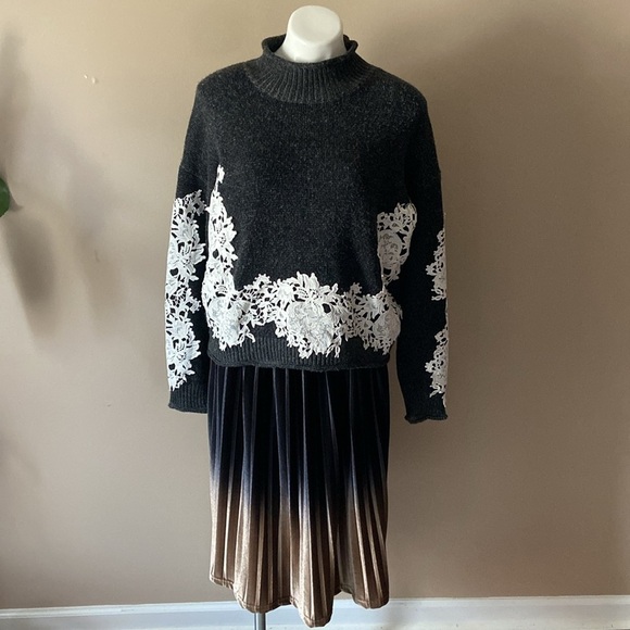 Fab’rik Navy Blue & Gold Ombré Pleated Velvet Above The Knee A-line Size Large - Picture 3 of 7